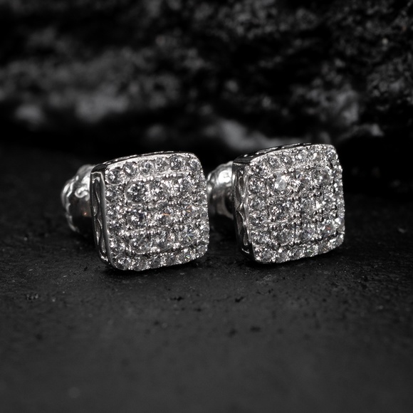 Mens Square White Gold Hip Hop Iced Sterling Silver Screw Back Stud Earrings - Picture 2 of 5